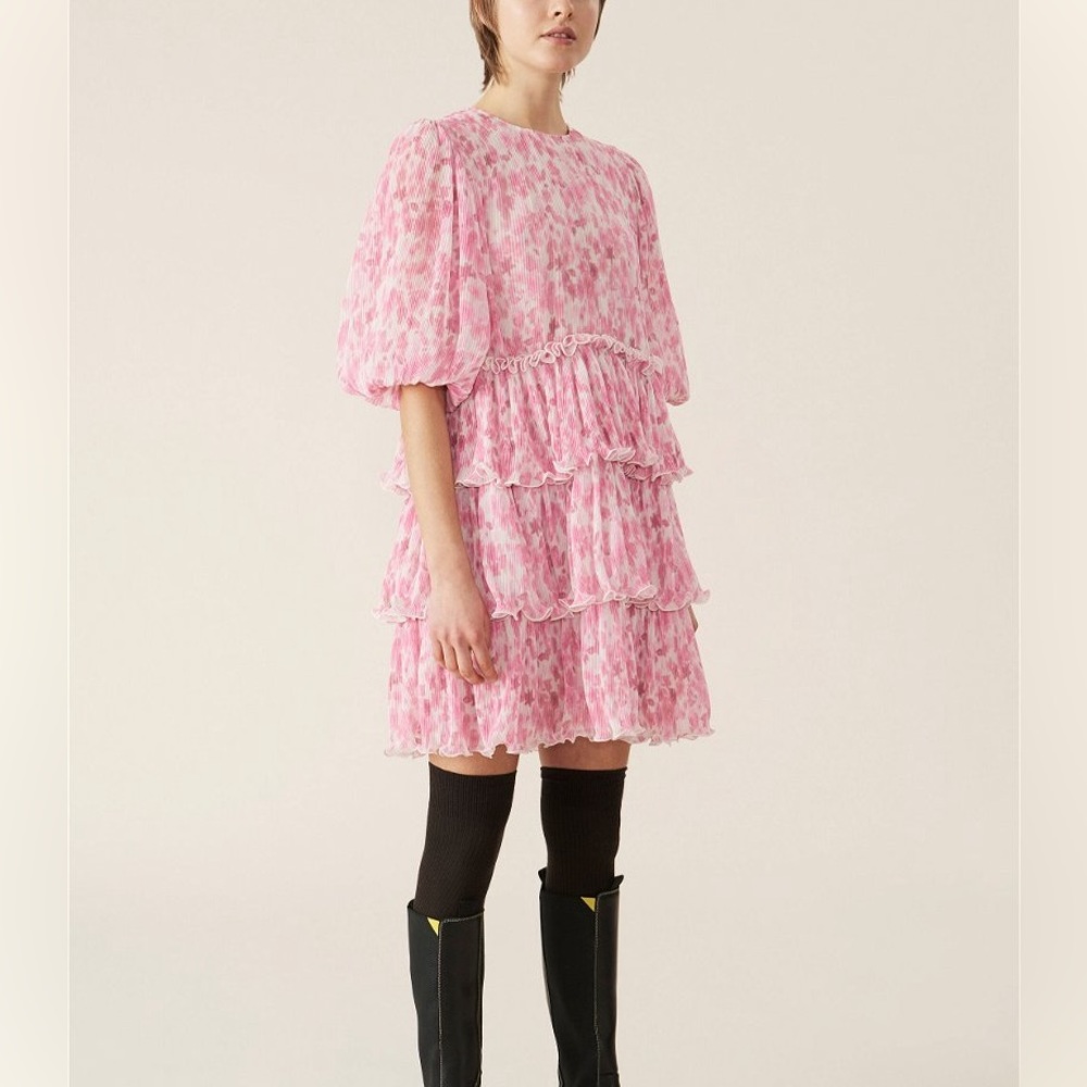 GANNI Pleated Georgette Mini Tiered Dress